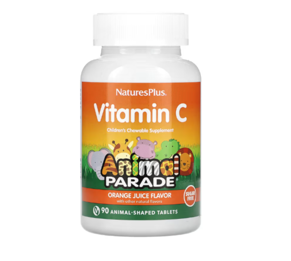 NaturesPlus, Animal Parade, Vitamin C, Children's Chewable Supplement, Sugar Free, Orange Juice, 90 Animal-Shaped Tablets