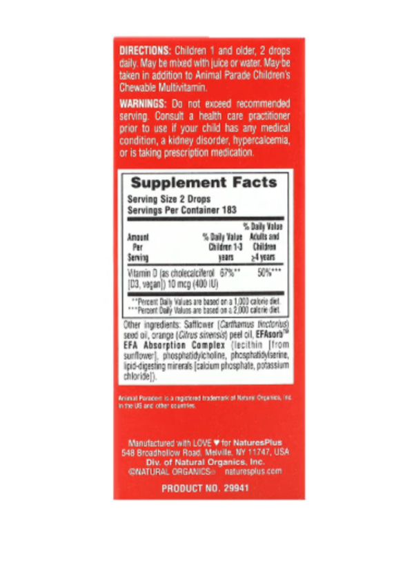 NaturesPlus, Animal Parade, Vitamin D3 Drops, Natural Orange, 400 IU, 0.34 fl oz (10 ml)