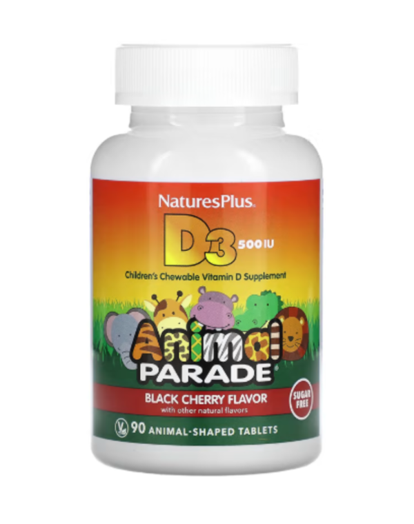 NaturesPlus, Animal Parade, Vitamin D3, Sugar Free, Black Cherry, 500 IU, 90 Animal-Shaped Tablets
