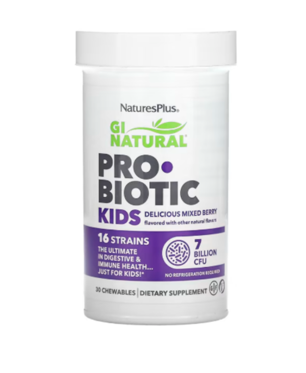 NaturesPlus, GI Natural Probiotic Kids, Delicious Mixed Berry , 7 Billion CFU, 30 Chewables