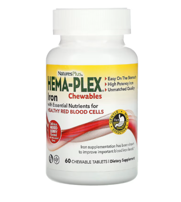 NaturesPlus, Hema-Plex Iron Chewables, Mixed Berry, 60 Chewable Tablets