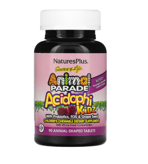 NaturesPlus, Source of Life, Animal Parade, AcidophiKidz, Children's Chewable, Berry, 90 Animal-Shaped Tablets