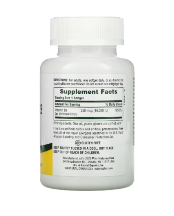NaturesPlus, Vitamin D3, 10,000 IU (250 mcg), 60 Softgels
