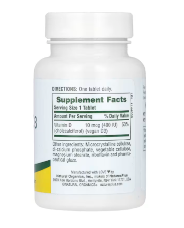 NaturesPlus, Water-Dispersible Vitamin D3, 10 mcg (400 IU), 90 Tablets