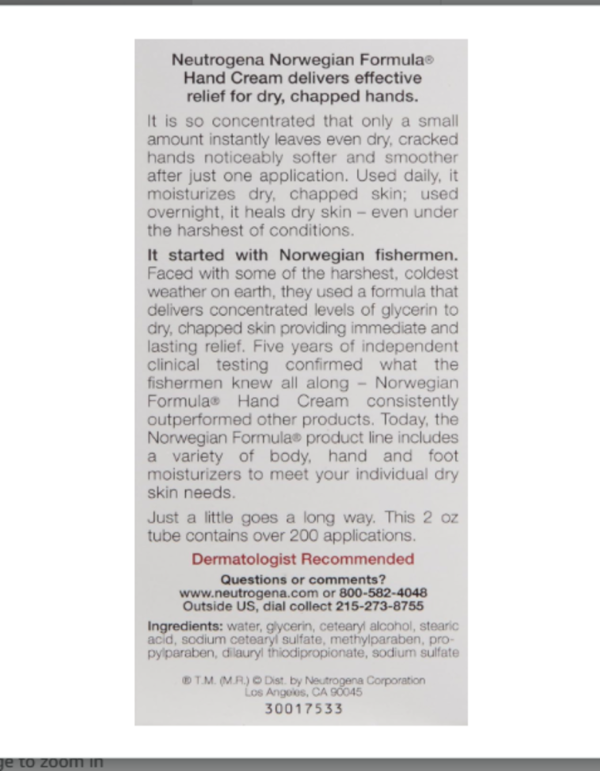Neutrogena Norwegian Formula Hand Cream, Fragrance Free, 2 oz