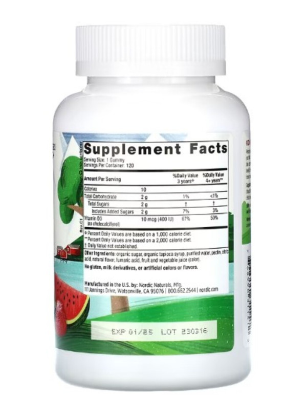 Nordic Naturals, Kids Vitamin D3 Gummies, Ages 3+, Wild Watermelon Splash, 400 IU, 120 Gummies