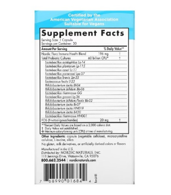 Nordic Naturals, Nordic Flora Probiotic, Immune Health, 60 Billion CFU, 30 Capsules