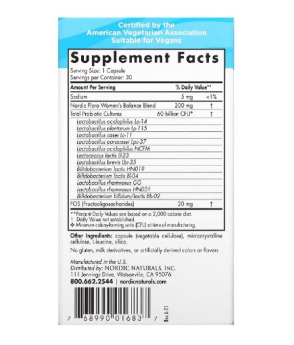 Nordic Naturals, Nordic Flora Probiotic, Women's Balance, 60 Billion CFU, 30 Capsules
