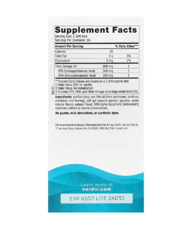Nordic Naturals, Omega-3, Lemon, 690 mg, 120 Soft Gels (345 mg per Soft Gel)