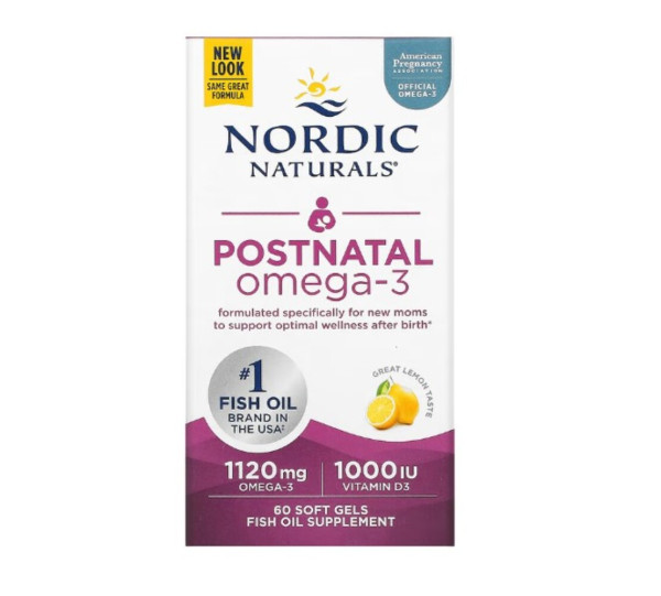 Nordic Naturals, Postnatal Omega-3, Lemon, 1,120 mg, 60 Soft Gels (560 mg per Soft Gel)