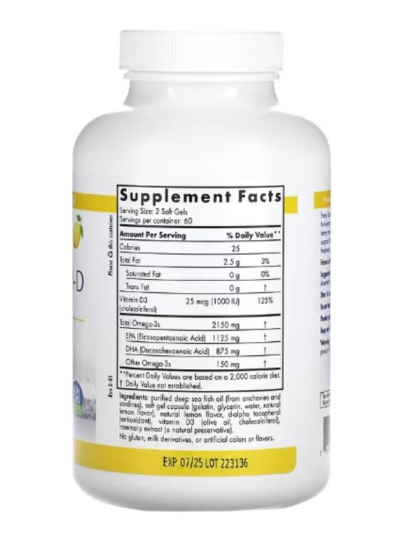 Nordic Naturals, ProOmega 2000-D, Lemon , 1,250 mg, 120 Soft Gels (625 mg per Soft Gel)