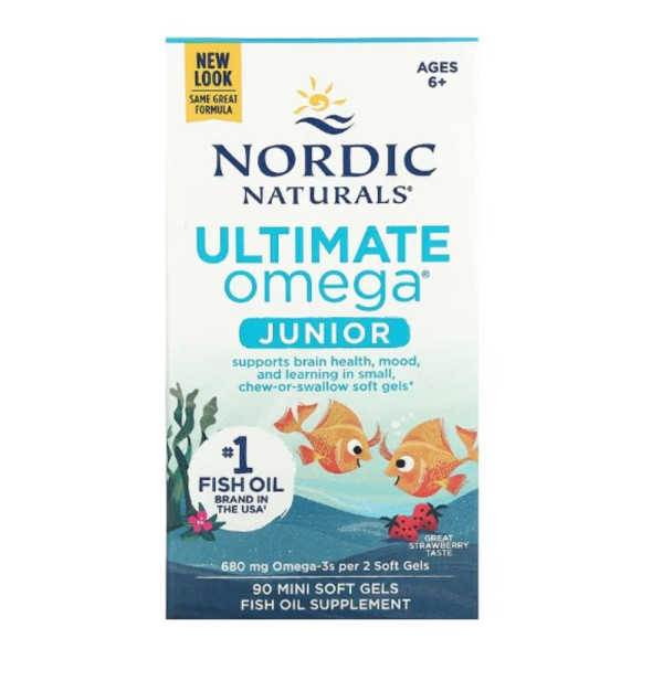 Nordic Naturals, Ultimate Omega Junior, Ages 6+, Strawberry, 680 mg, 90 Mini Soft Gels (340 mg per Soft Gel)