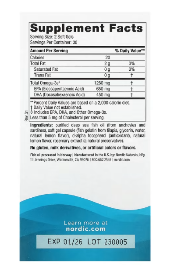 Nordic Naturals, Ultimate Omega, Lemon, 1,280 mg, 60 Fish Gelatin Soft Gels (640 mg per Soft Gel)