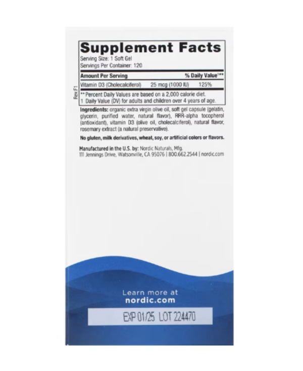 Nordic Naturals, Vitamin D3 1000, Orange, 25 mcg (1,000 IU), 120 Mini Soft Gels