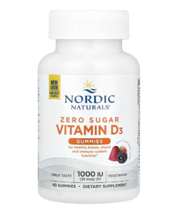 Nordic Naturals, Zero Sugar Vitamin D3 Gummies, Great Wild Berry, 25 mcg (1,000 IU), 60 Gummies