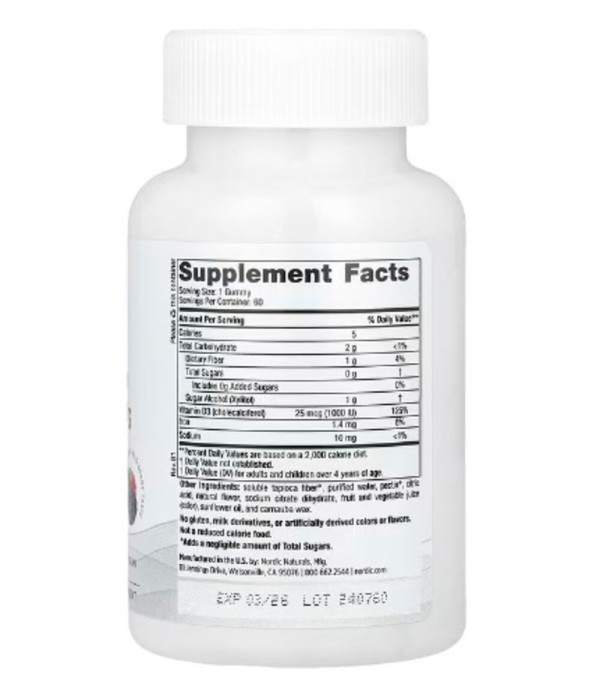 Nordic Naturals, Zero Sugar Vitamin D3 Gummies, Great Wild Berry, 25 mcg (1,000 IU), 60 Gummies