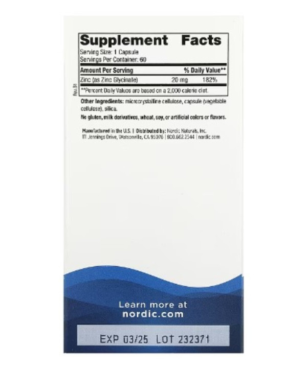 Nordic Naturals, Zinc Glycinate, 20 mg, 60 Capsules