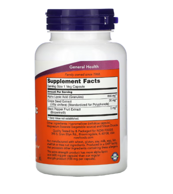 NOW Foods, Alpha Lipoic Acid, Extra Strength, 600 mg, 120 Veg Capsules