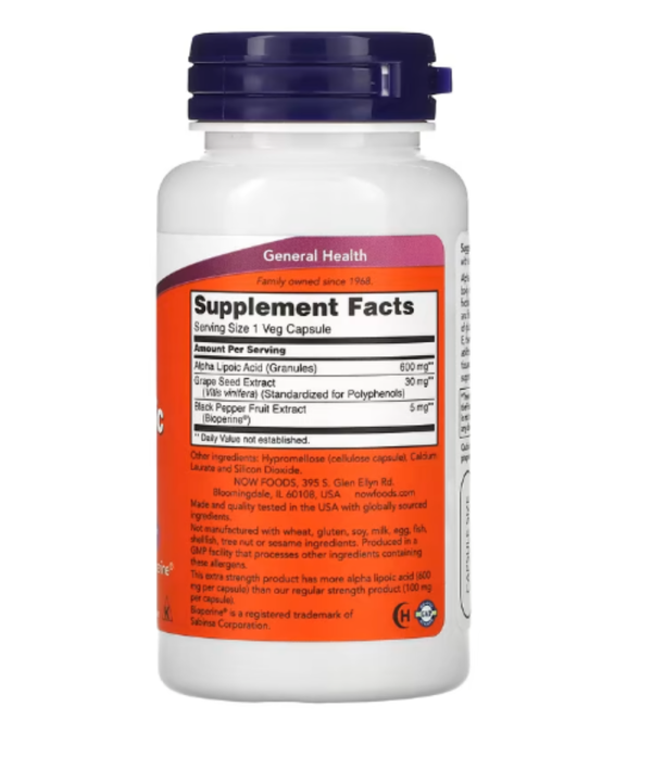 NOW Foods, Alpha Lipoic Acid, Extra Strength, 600 mg, 60 Veg Capsules