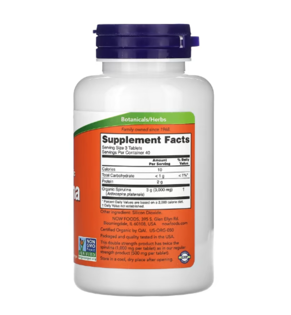 NOW Foods, Certified Organic Spirulina, Double Strength, 1,000 mg, 120 Tablets