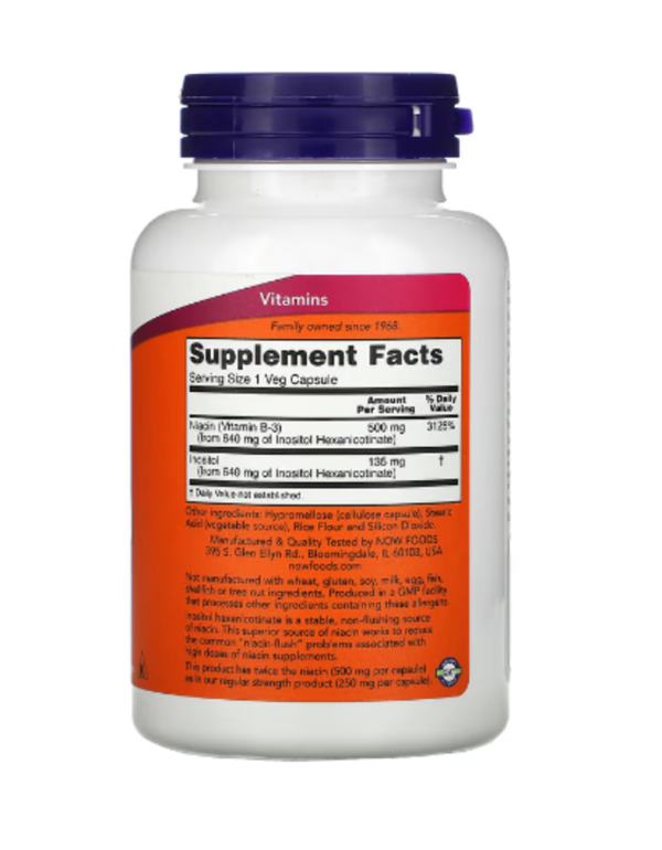 NOW Foods, Flush-Free Niacin, Double Strength, 500 mg, 90 Veg Capsules, Near EXP- Mar-2025