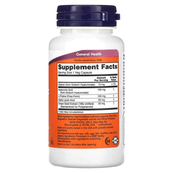 Now Foods, Hyaluronic Acid, Double Strength, 100 mg, 60 Veg Capsules