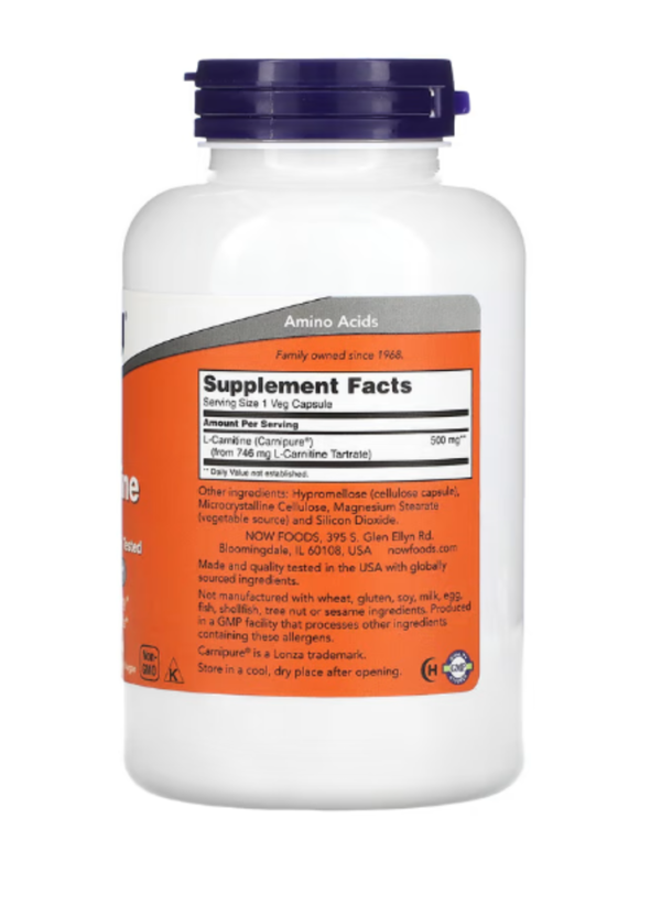 NOW Foods, L-Carnitine, 500 mg, 180 Veg Capsules