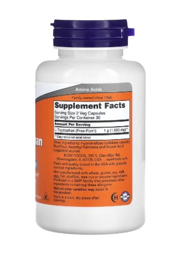 NOW Foods, L-Tryptophan, 500 mg, 60 Veg Capsules (500 mg per Capsule)