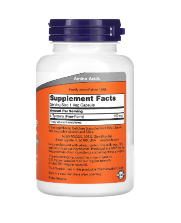 NOW Foods, L-Tyrosine, Extra Strength, 750 mg, 90 Veg Capsules, Near EXP - Feb-2025