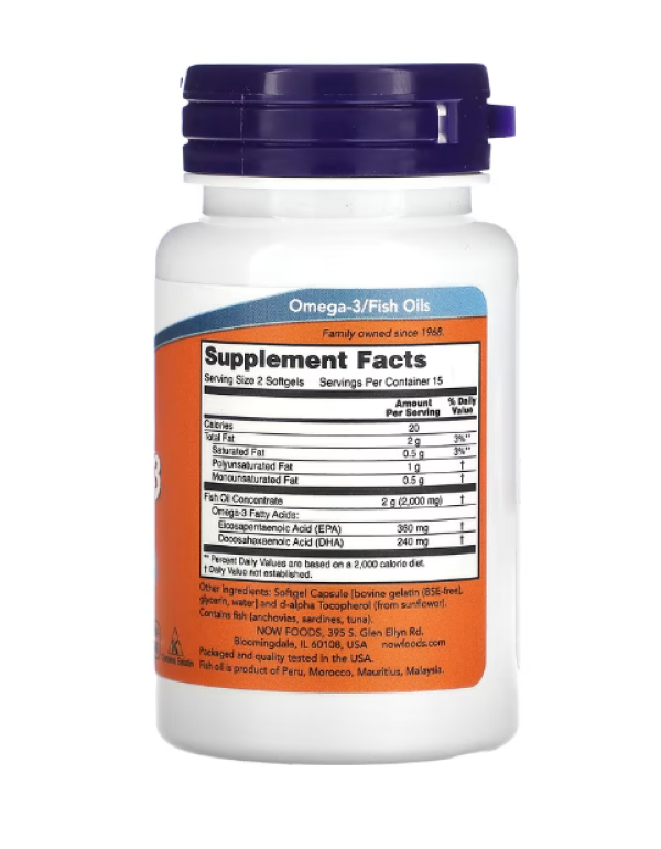 NOW Foods, Omega-3 Fish Oil, 1000 mg, 30 Softgels (1,000 mg per Softgel)