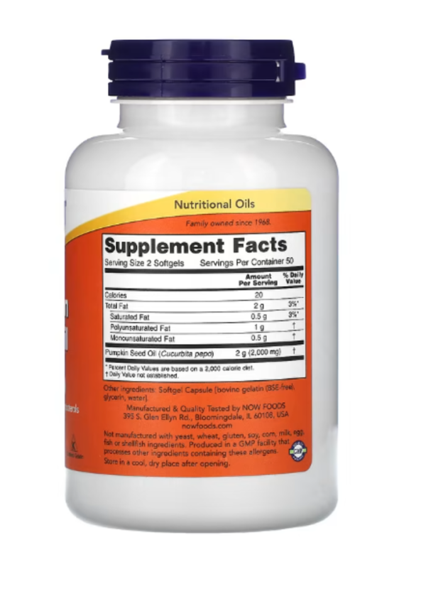 NOW Foods, Pumpkin Seed Oil, 1,000 mg, 100 Softgels (500 mg per Softgel)