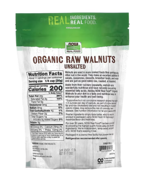 Now Foods, Real Food, Organic Raw Walnuts, Unsalted, 12 oz (340 g)