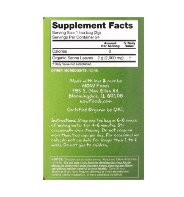 NOW Foods, Real Tea, Organic Senna Tea, Caffeine Free, 24 Tea Bags, 1.7 oz (48 g)