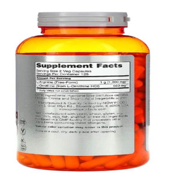 NOW Foods, Sports, Arginine & Ornithine, 1000 mg / 500 mg, 250 Veg Capsules (500 mg /250 mg per Capsule)