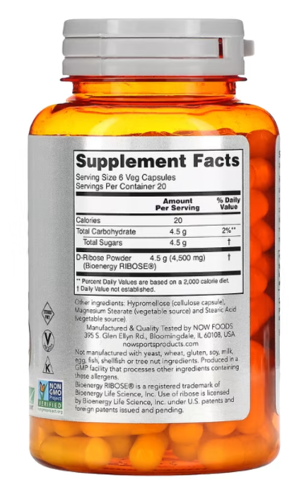 NOW Foods, Sports, D-Ribose, 750 mg, 120 Veg Capsules (125 mg per Capsule)