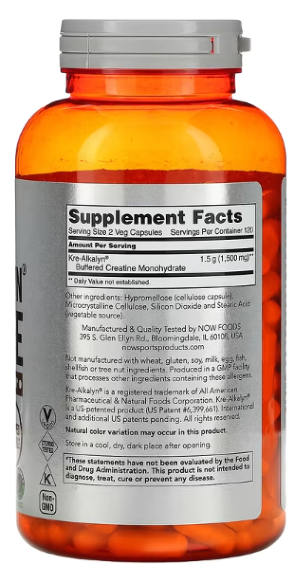 NOW Foods, Sports, Kre-Alkalyn Creatine, 1,500 mg, 240 Veg Capsules (750 mg per Capsule)