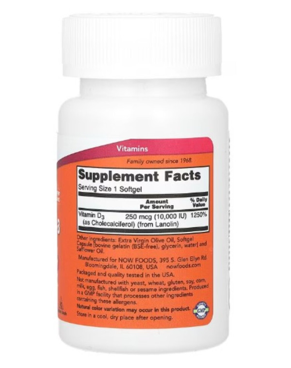 NOW Foods, Vitamin D-3, High Potency, 10,000 IU, 240 Softgels