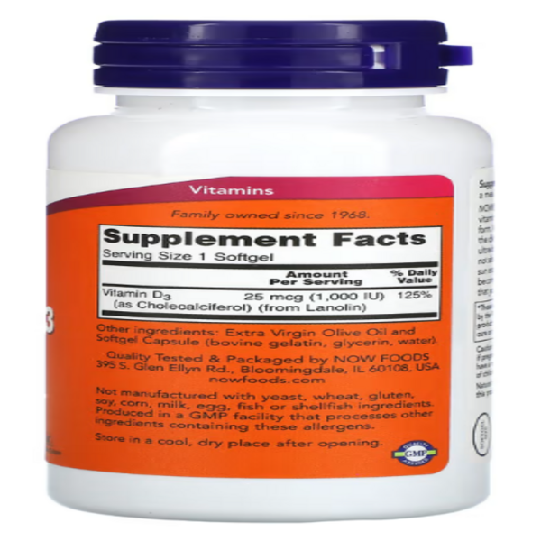 NOW Foods, Vitamin D-3, High Potency, 1,000 IU, 180 Softgels