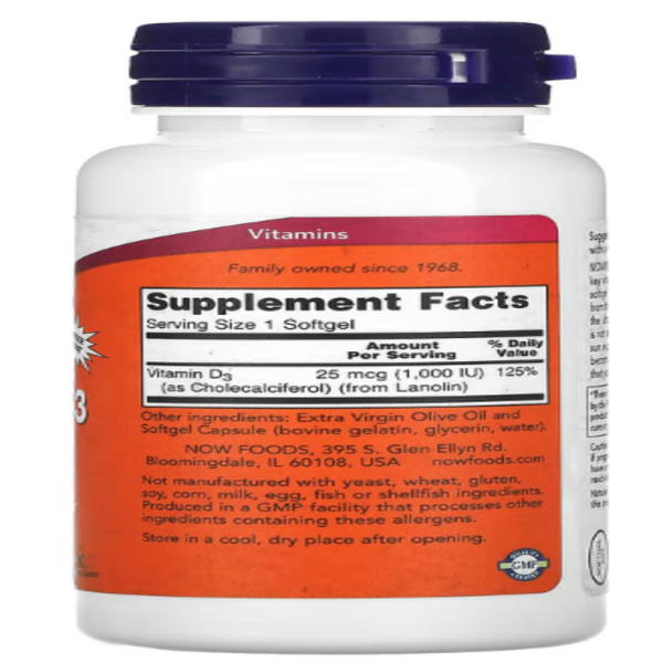 NOW Foods, Vitamin D-3, High Potency, 25 mcg (1,000 IU), 360 Softgels