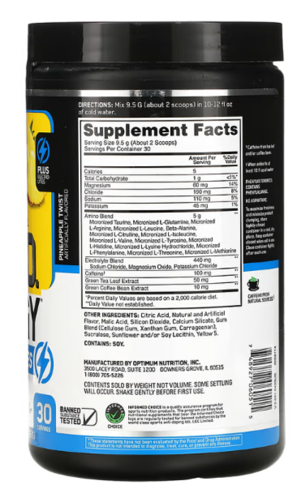 Optimum Nutrition, ESSENTIAL AMIN.O. ENERGY + ELECTROLYTES, Pineapple Twist, 10.05 oz (285 g)