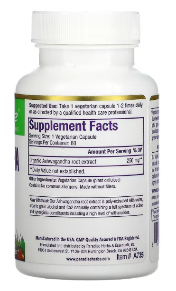 Paradise Herbs, Ashwagandha, 60 Vegetarian Capsules