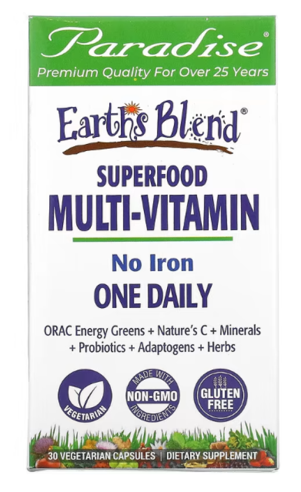 Paradise Herbs, Earth's Blend, One Daily Superfood Multi-Vitamin, No Iron, 30 Vegetarian Capsules