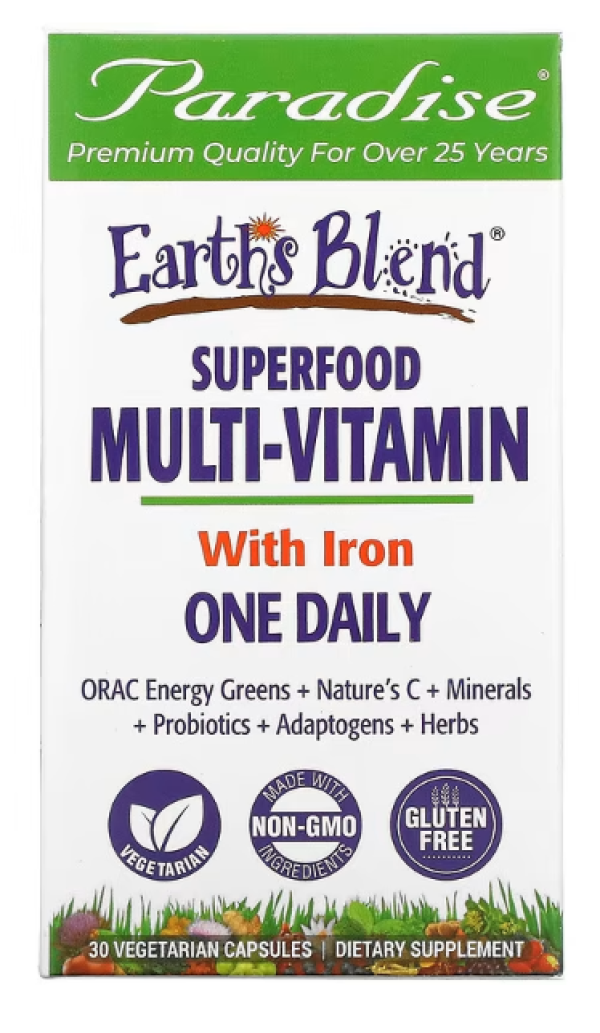 Paradise Herbs, Earth's Blend, One Daily Superfood Multi-Vitamin with Iron, 30 Vegetarian Capsules
