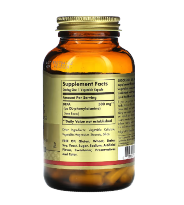 Solgar, DLPA, DL-Phenylalanine, Free Form, 500 mg, 100 Vegetable Capsules