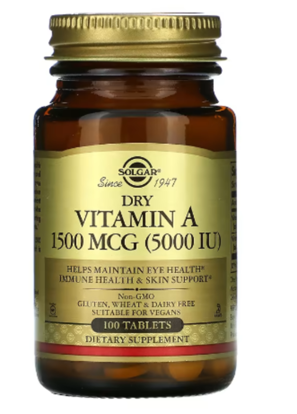 Solgar, Dry Vitamin A, 1,500 mcg (5,000 IU), 100 Tablets