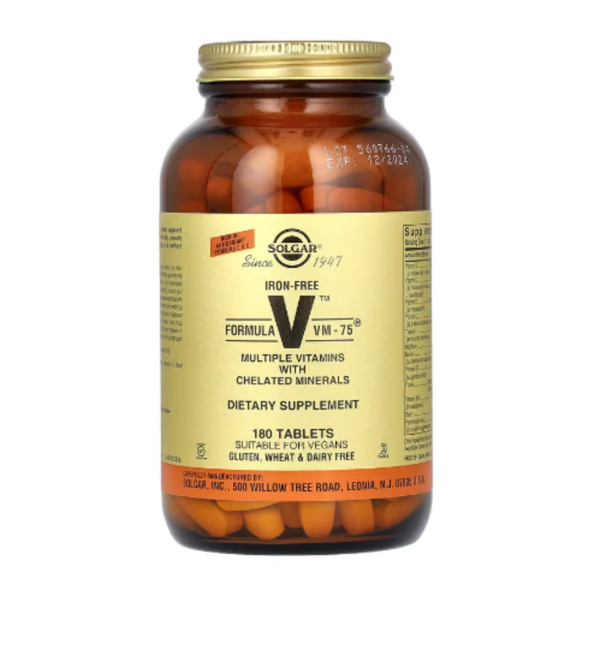 Solgar, Formula V, VM-75, Multiple Vitamins with Chelated Minerals, Iron Free, 180 Tablets