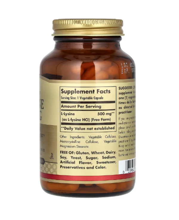 Solgar, L-Lysine, Free Form, 500 mg, 100 Vegetable Capsules