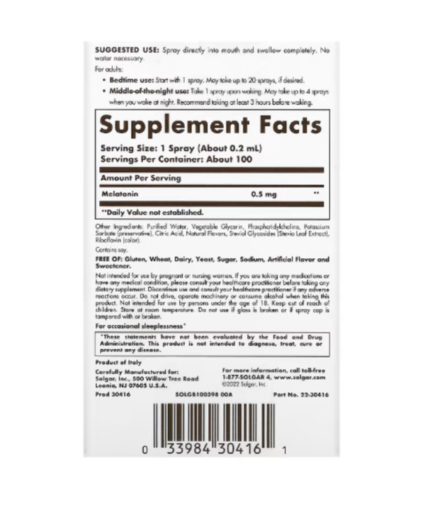 Solgar, Liposoman Melatonin, Sleep Spray, Mild Mint, 100 Oral Sprays, 0.68 fl oz (20 ml)
