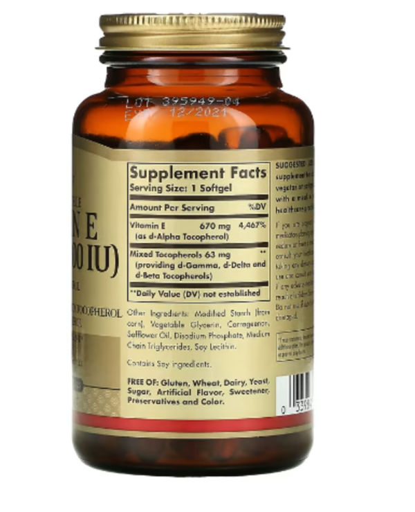 Solgar, Naturally Sourced Vitamin E, 670 mg (1,000 IU), 100 Vegetarian Softgels