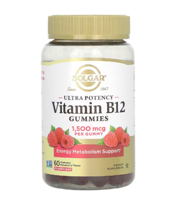 Solgar, Ultra Potency Vitamin B12 Gummies, Raspberry, 1,500 mcg, 60 Gummies